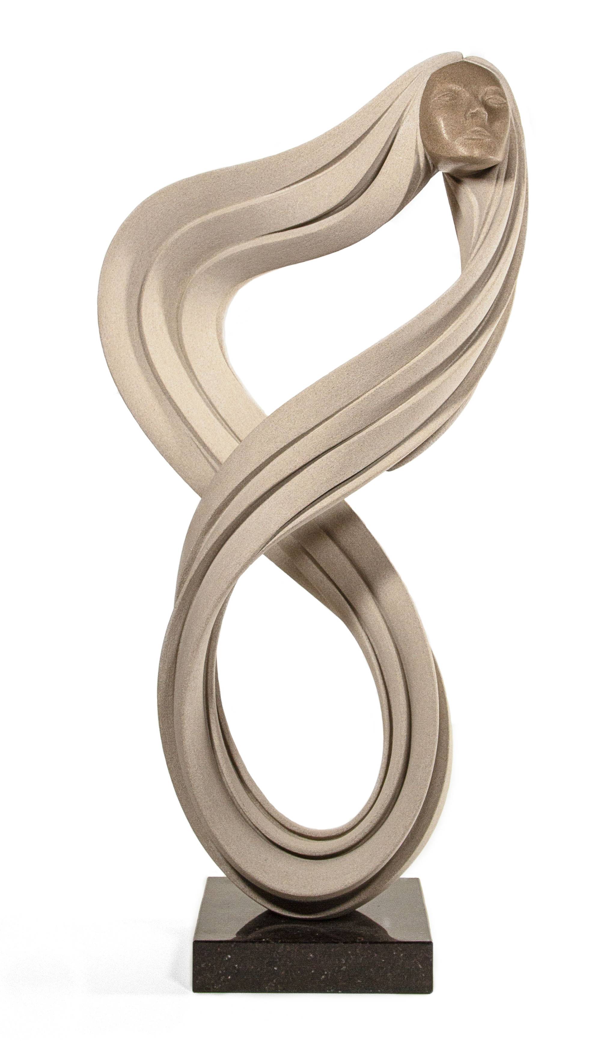 Indiana limestone sculpture that sits on a square black granite base. Sculpture looks smooth, but has as rough/textured look to it. Sculpture has a twisted "infinity symbol" shape with a woman's face at the top right. Face is shinier / smoother than the rest of the sculpture.